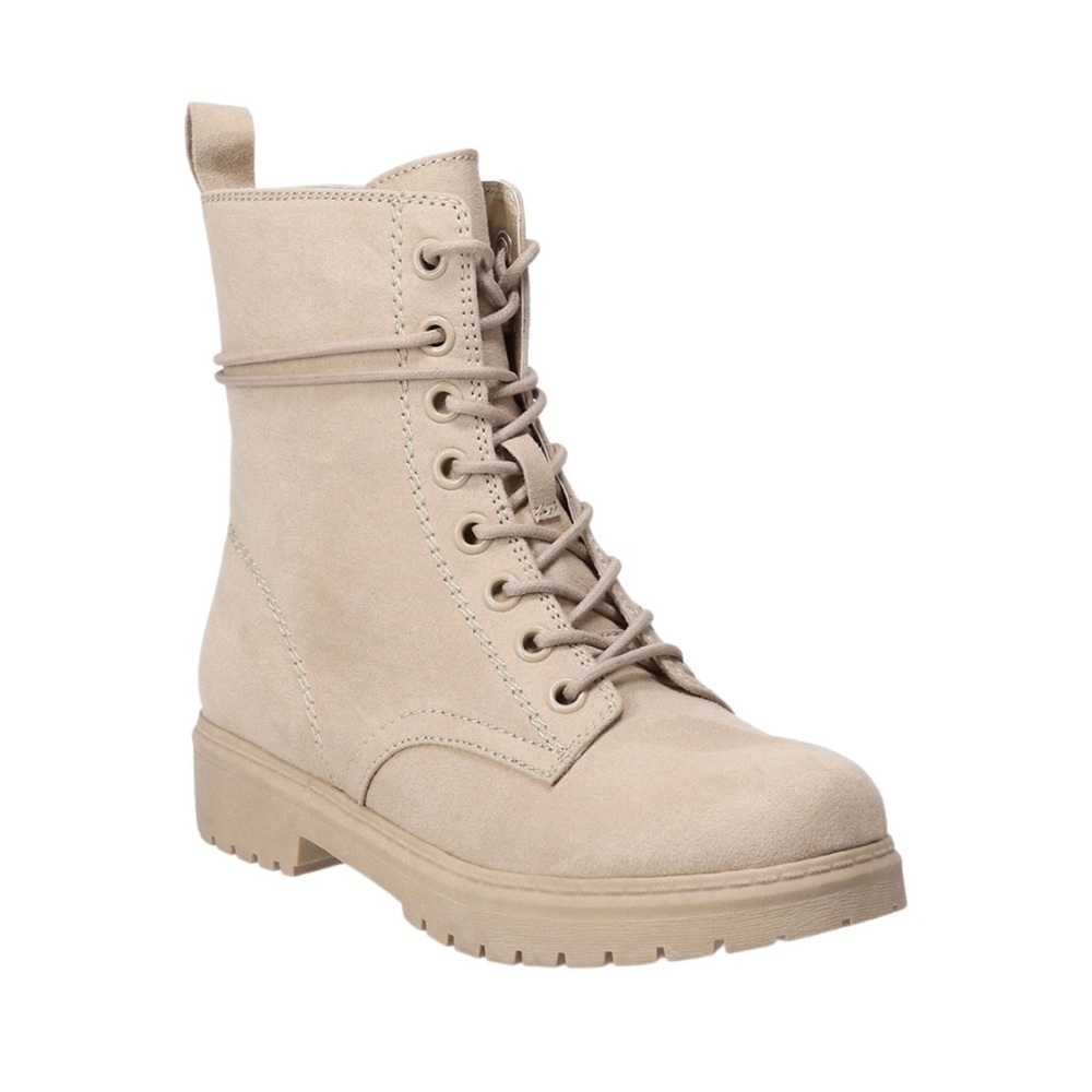 New! Faux Suede Tan Lug Sole Chunky Heel Combat Lace Up Moto Boots